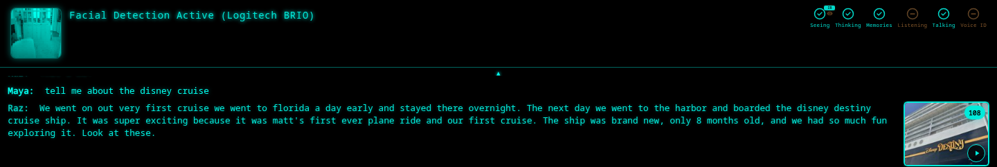 The interface: a child asks about a family cruise and the reply comes back with the details and the photo album from that trip
