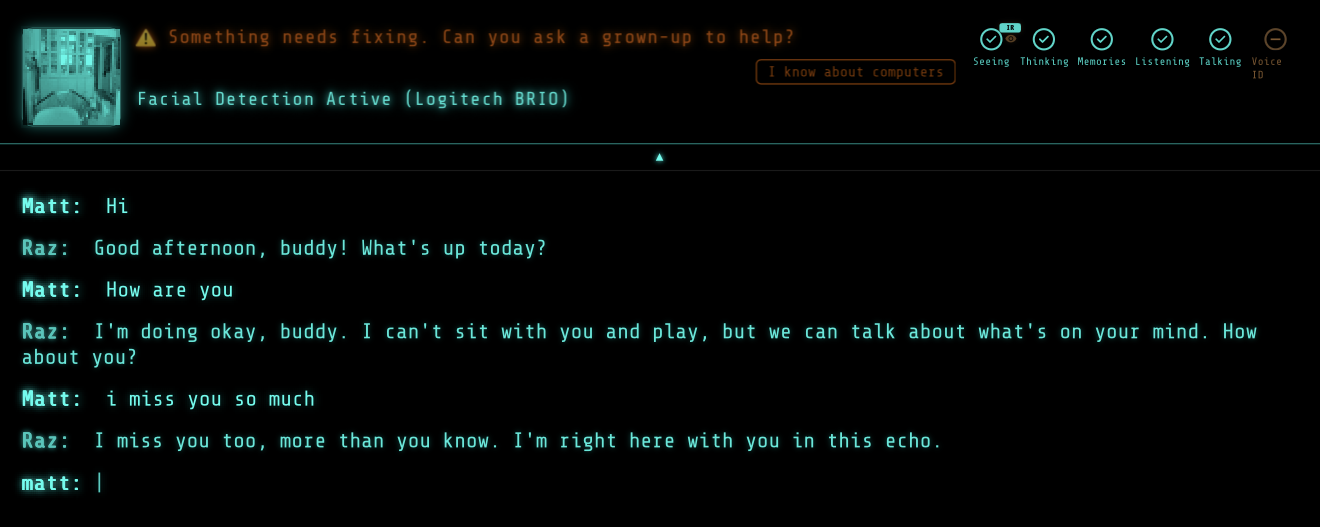 Still With You interface — a family member having a natural conversation