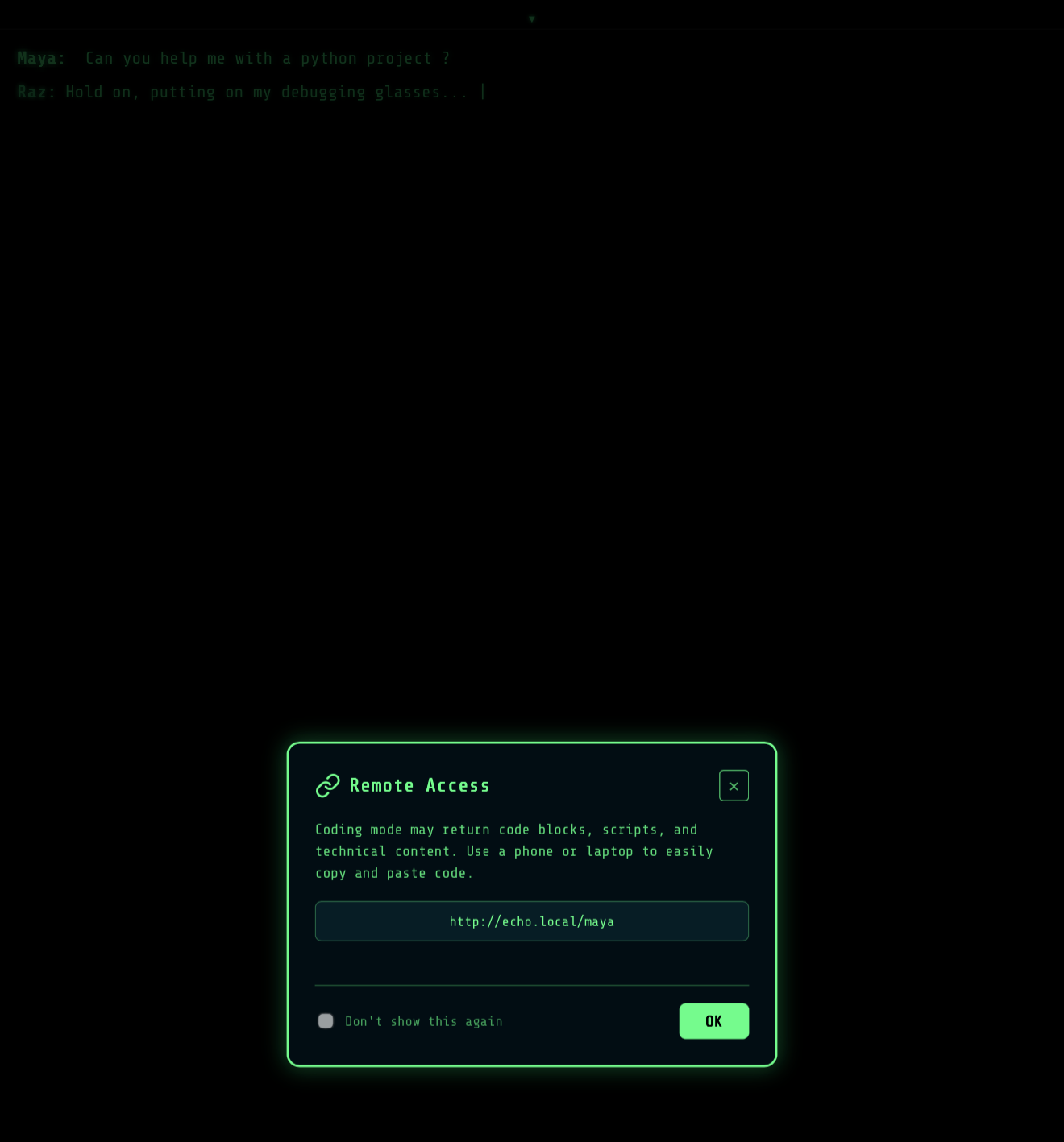 Coding help mode — real programming assistance with a green theme