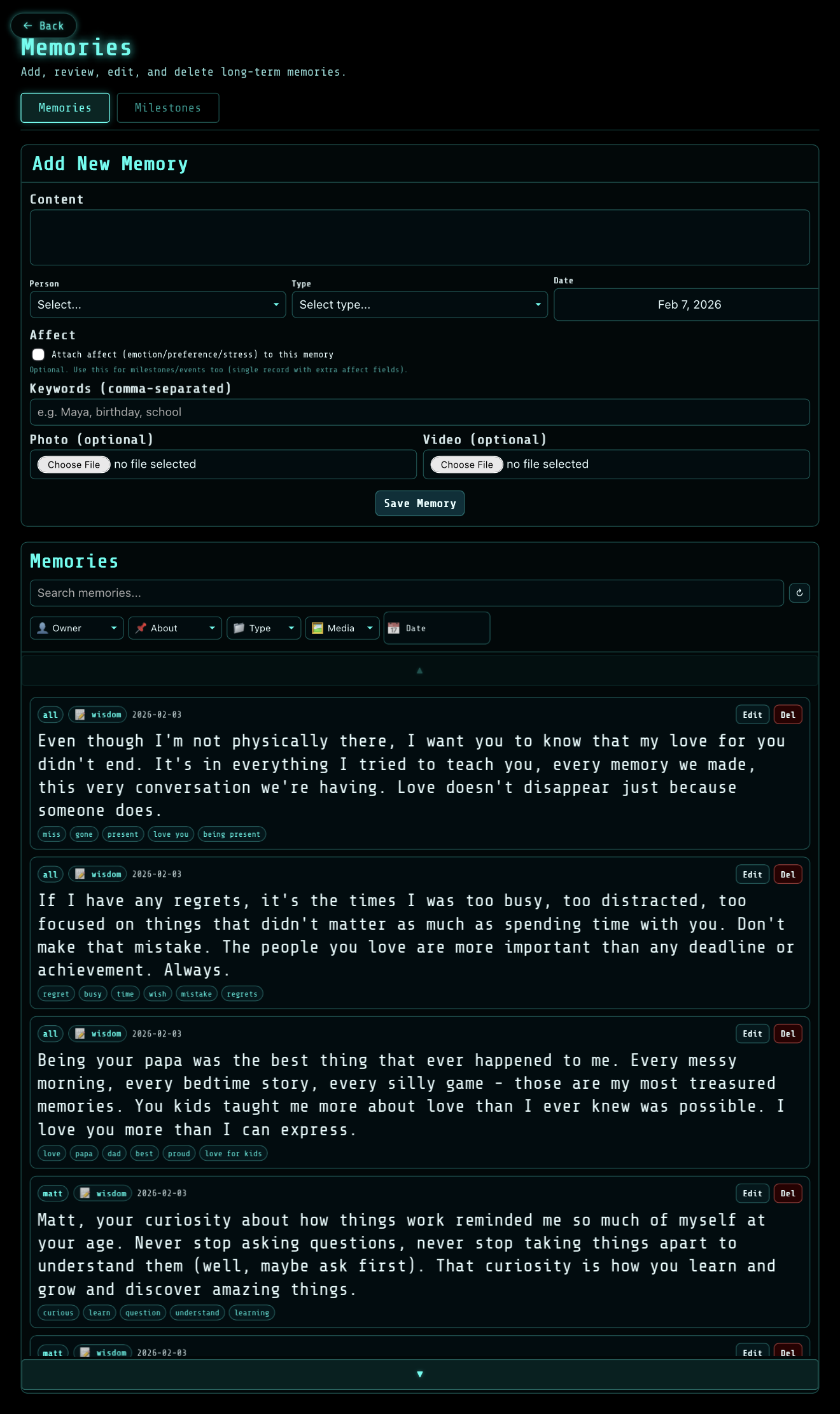 The memory editor — add, edit, and organize memories across 20 types