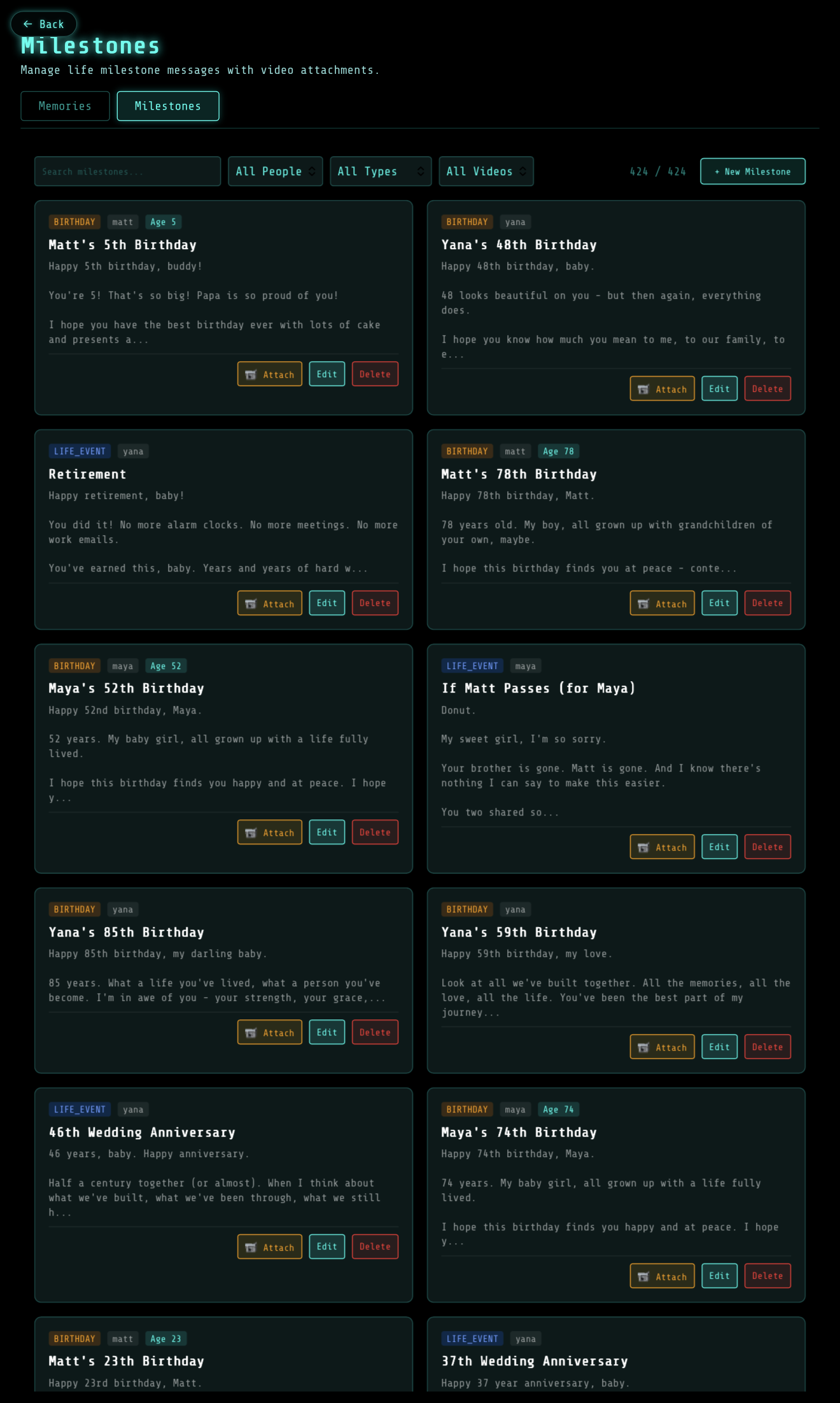 The milestones manager — pre-written messages for birthdays, graduations, and life events