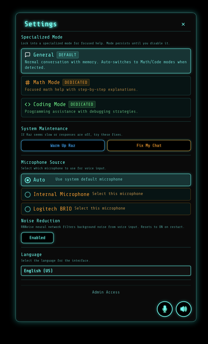 Settings panel — specialized modes, microphone selection, noise reduction