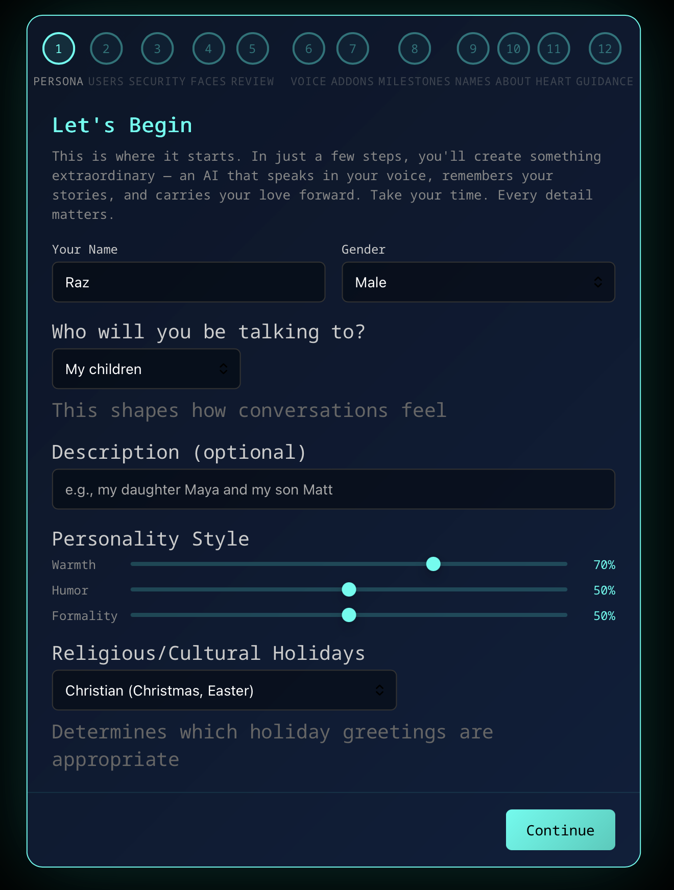 The setup wizard — personality sliders and holiday preferences